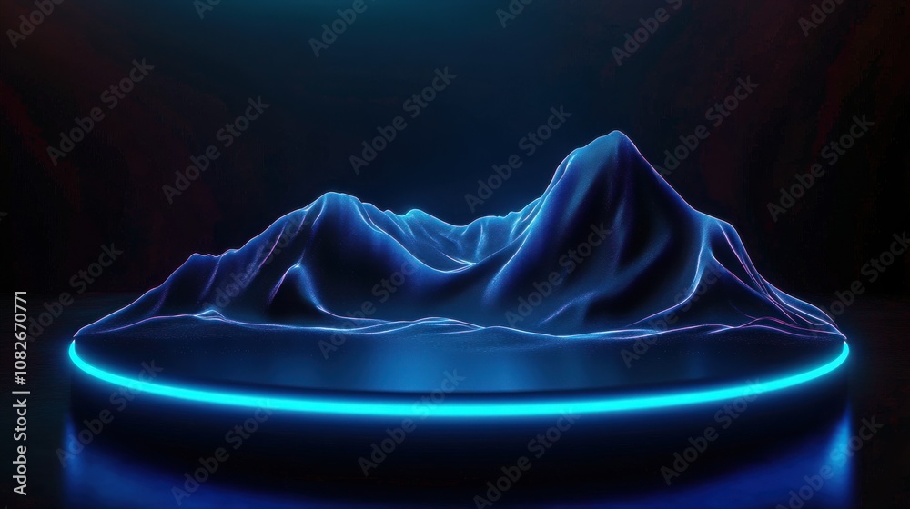 Poster a glowing, digital landscape featuring blue, illuminated mountains with a circular base, creating a 