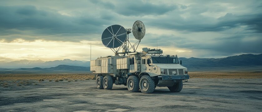 A robust military truck fitted with satellite dishes stands alone in a vast desert, under a dramatic cloudy sky, symbolizing resilience and technological prowess.