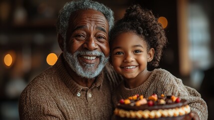 Joyful moments shared between a grandfather and his granddaughter with cake