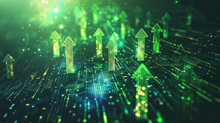 Investment concept with green arrows emerging from a digital grid