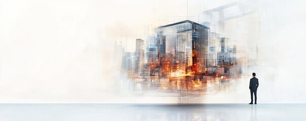 Fototapeta premium A person stands before an artistic vision of a city skyline, blending reality and imagination.