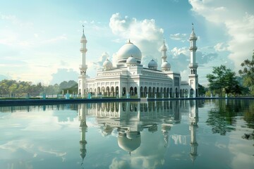 Majestic white mosque with multiple minarets and domes is reflecting in the water of a pond on a sunny day