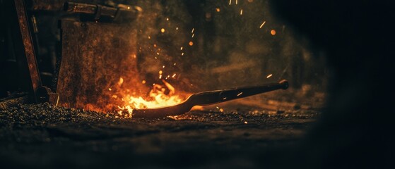 Hot metal glows as sparks fly, highlighting intense craftsmanship in a rustic workshop setting.