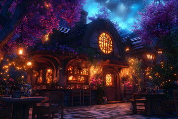 Obraz premium Illustration - Enchanted Tavern Night Fantasy Building, Cozy, Magical, Atmospheric