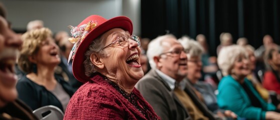 Fototapeta premium A joyous elderly woman in a festive hat shares a laugh with friends, radiating warmth and a lively, joyful spirit.