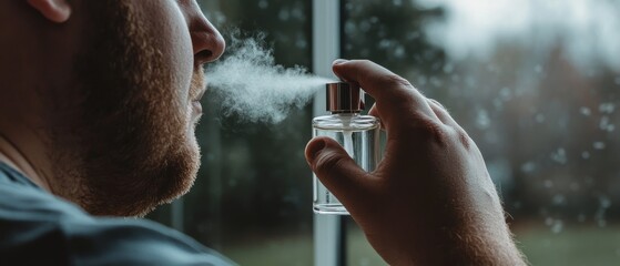 A man sprays cologne in a misty cloud, symbolizing elegance and an intimate moment of grooming tradition.