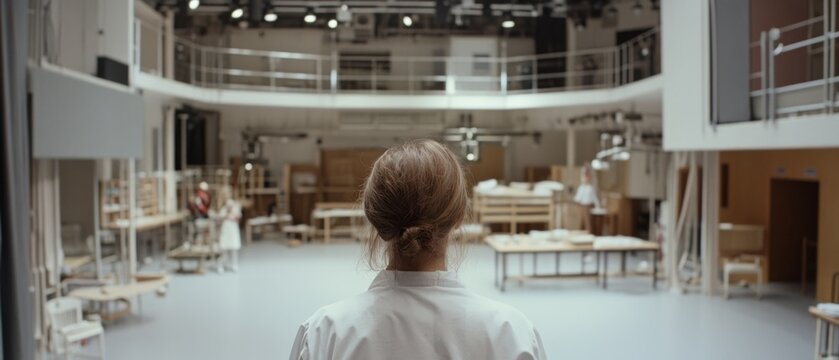 A lone figure in a lab coat surveys a spacious, well-equipped workshop, exuding anticipation and innovation.
