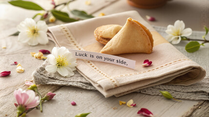 Fortune cookies with luck message and spring flowers