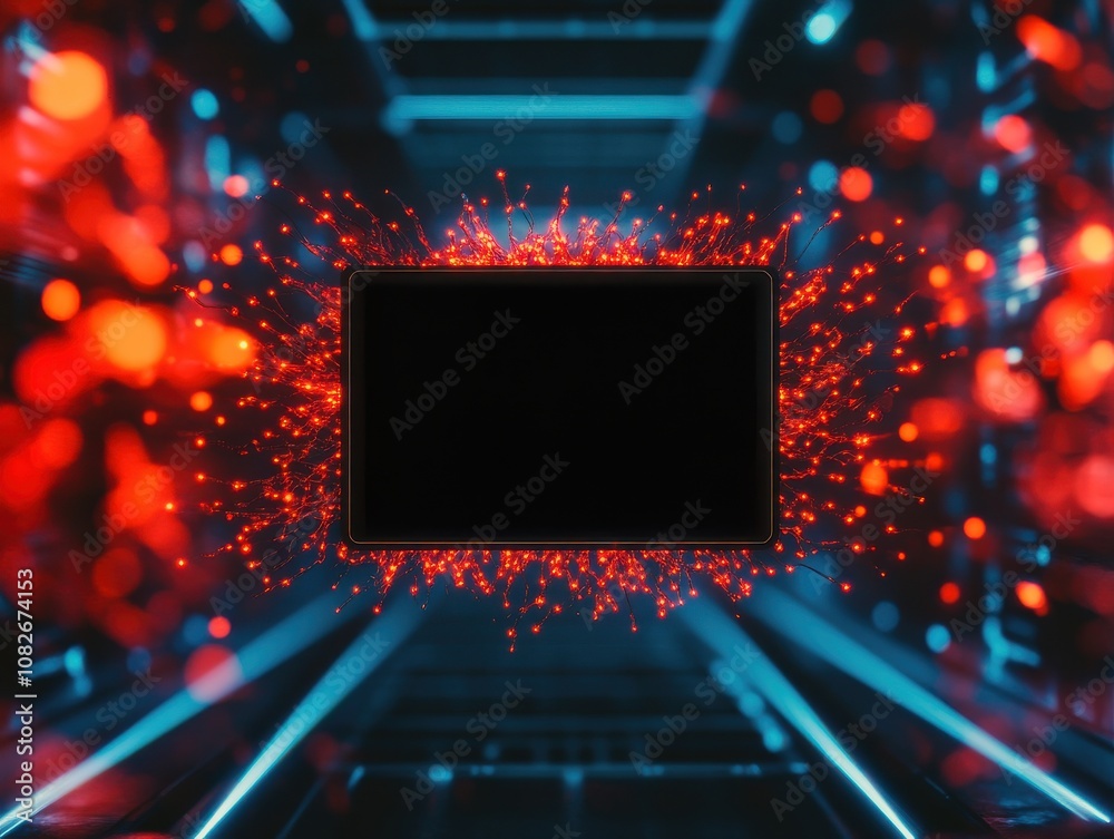 Poster An abstract digital scene featuring a central black area surrounded by vibrant red and blue glowing particles, creating a futuristic vibe.