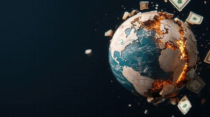 Political instability, cracked globe with currency symbols, global risk, 3D illustration