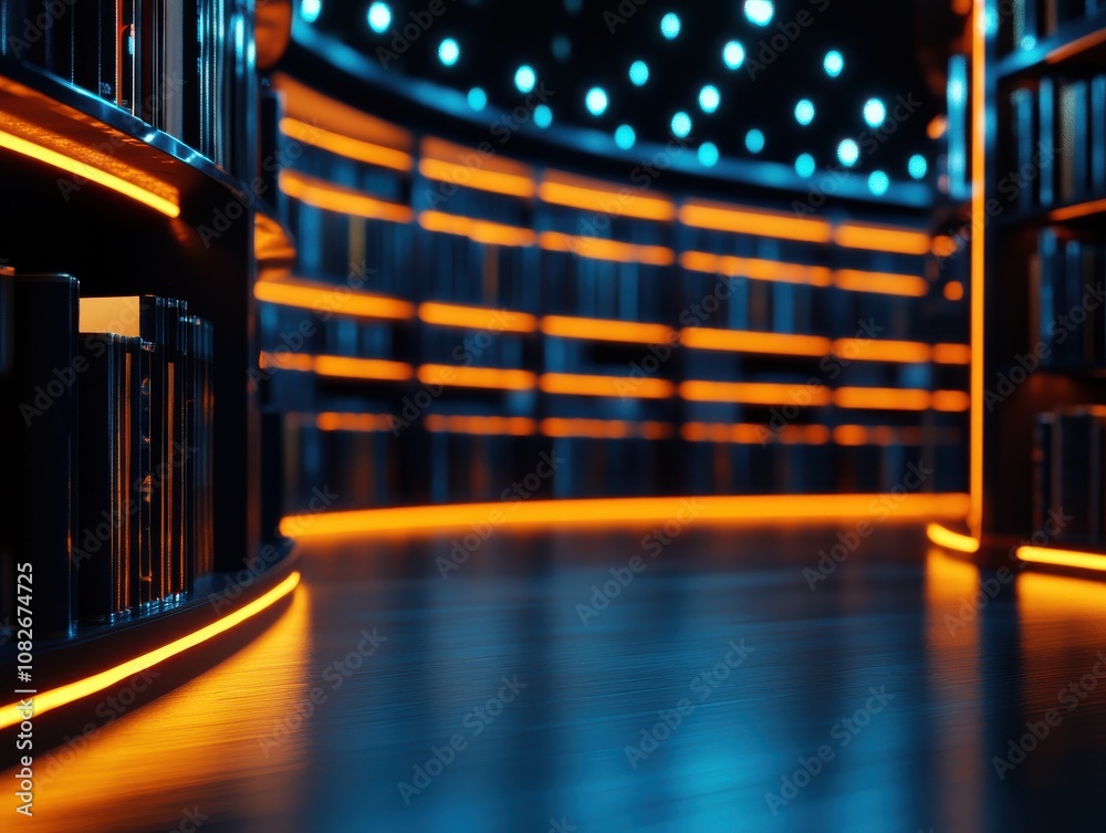 Poster a futuristic library with glowing shelves and blue lighting, creating a modern, immersive reading en