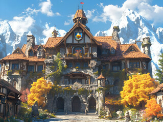 Naklejka premium Illustration - Fantasy Village Hall in Autumn Mountains