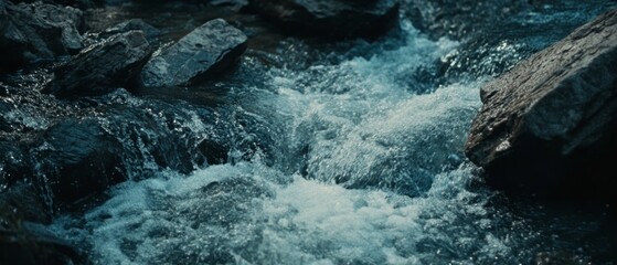 Gentle water flows over rugged rocks in a crisp mountain stream, capturing the essence of nature's purity and movement amid untouched wilderness.