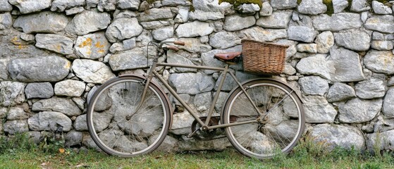 Obraz premium A vintage bicycle rests against a rustic stone wall, conjuring a nostalgic scene of timeless simplicity and adventure.
