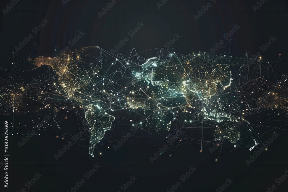 Poster visual representation of global connectivity through a network map highlighting continents and citie