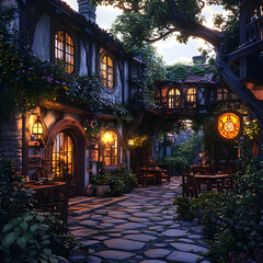 Fototapeta premium Illustration - Cozy Tavern Evening Fantasy Village