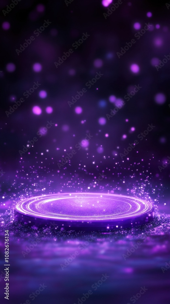 Poster a vibrant purple circular platform surrounded by shimmering particles and soft light, creating an en