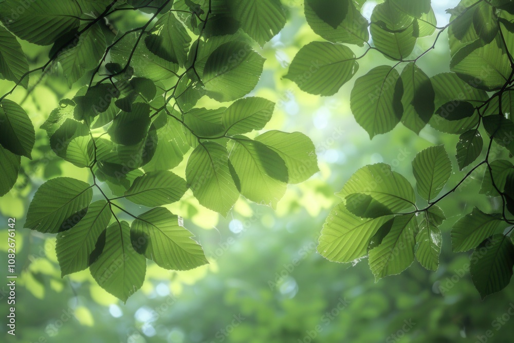Poster looking up through lush green leaves in a vibrant forest canopy during a sunny afternoon, sunlight f