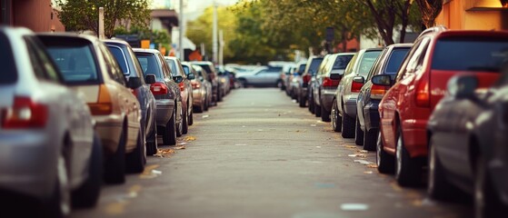 Obraz premium A street lined with parked cars stretches into the distance beneath rows of leafy trees, capturing a quiet urban scene in the golden light of late afternoon.