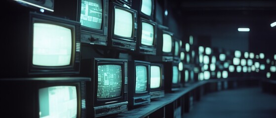 A dimly lit room filled with vintage TVs displays static and faint images, creating a nostalgic ambiance of technology from the past.