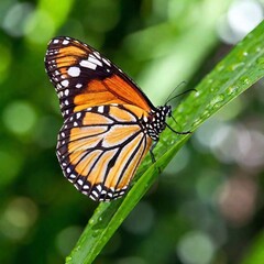 Fototapeta premium A macro photo of a butterfly resting on a dew-covered leaf, soft focus blurring the light reflections from the dew drops, low angle shot giving an upward view that enhances the fragile and translucent