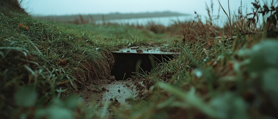 A tranquil nature scene with wet grass framing a muddy pathway leading to a misty lake.