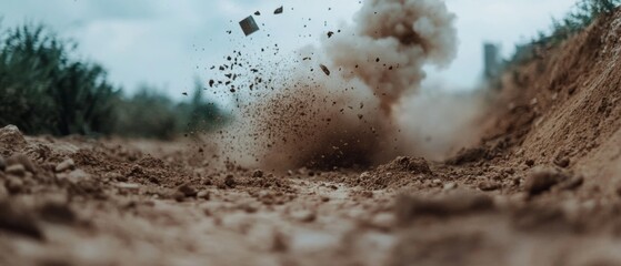 Dust and rocks burst into the air on a rugged dirt path, hinting at an explosion or a dramatic vehicle maneuver in a rural or battlefield environment.