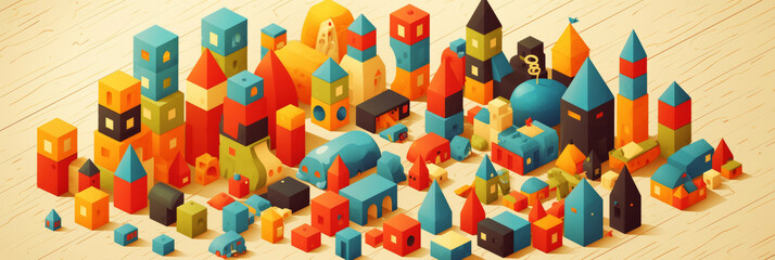 Fototapeta premium A playful arrangement of children's building blocks, offering a fun and educational way to enhance hand-eye coordination and creativity, banner