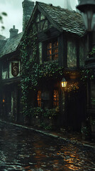 Fototapeta premium Illustration - Rainy Medieval Tavern Street Scene