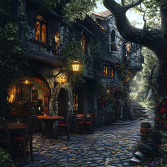 Obraz premium Illustration Tavern Fantasy Village Medieval Cozy Whimsical