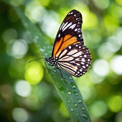 Naklejka premium A macro photo of a butterfly resting on a dew-covered leaf, soft focus blurring the light reflections from the dew drops, low angle shot giving an upward view that enhances the fragile and translucent