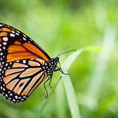 Fototapeta premium A macro photo of a butterfly resting on a blade of grass, soft focus blurring the background to a wash of green hues, low angle shot from beneath the grass level, giving the butterfly an almost toweri