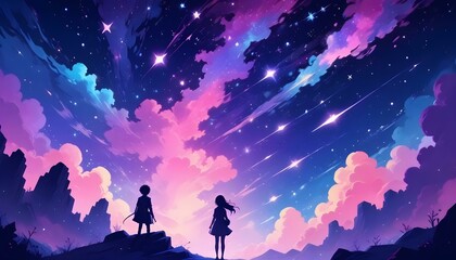Naklejka premium Un fondo abstracto en tonos de azul, morado y rosa, imitando una nebulosa en el espacio profundo. Pequeños destellos de estrellas y luces difusas dan un aspecto etéreo y misterioso