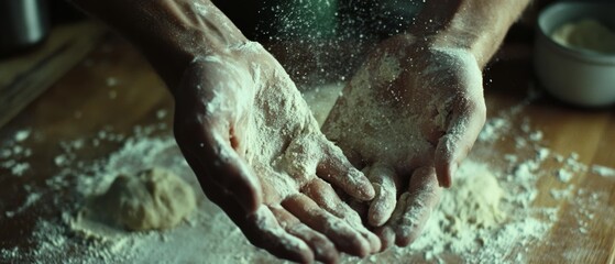 A baker's hands coated in flour, artfully forming dough on a wooden surface, capturing a moment of culinary craftsmanship.