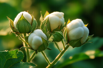 A close-up of cotton bolls on the plant, capturing the soft, delicate texture of the fibers, surrounded by green leaves, in a pure, organic style of botanical photography