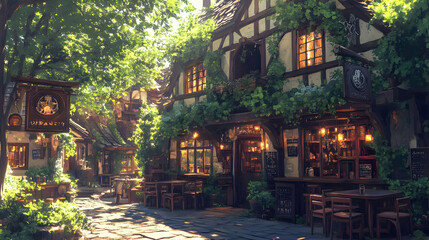 Illustration - Cozy Village Tavern, Morning Sunlight