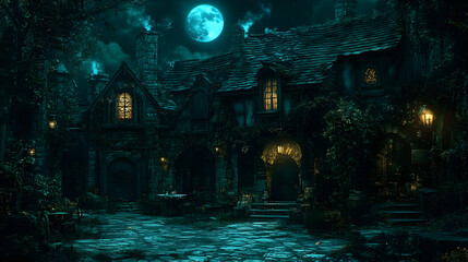 Illustration Enchanting Tavern Moonlight Fantasy Night
