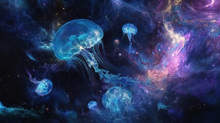Celestial Jellyfish in Pisces' Cosmic Seas: Dream Catchers of Stardust Weaving Through Translucent Textures. High-Resolution for Sleep Meditation and Astral Projection.