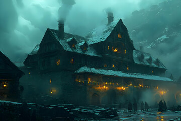 Obraz premium Illustration - Medieval Tavern Night, Snow, Fog, Figures