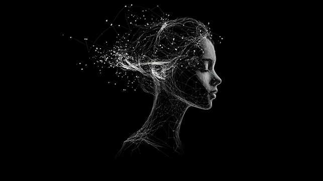 Exquisite neuro polygonal abstract girl logo made of lines and particles generative ai. Exquisite. Illustration