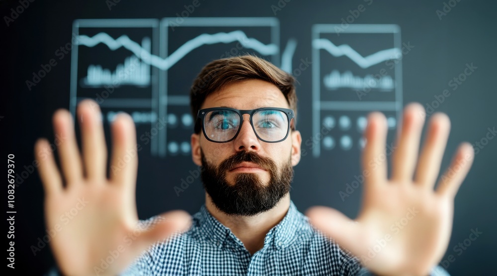 Aufkleber a focused man in glasses gestures towards the viewer, with financial charts displayed in the backgro