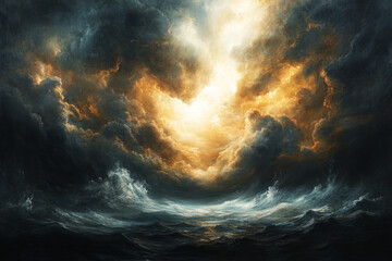 A dramatic sky filled with swirling storm clouds, intense and powerful, with bursts of light piercing through the ominous cloud formations in a moody landscape