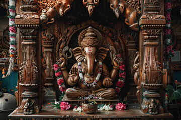 Fototapeta premium Beautiful greeting card with bright holiday composition for happy celebrate Ganesh Chaturthi