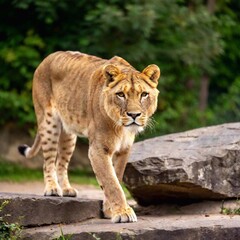 Naklejka premium A full shot photo of a lioness crouched and ready to pounce, deep focus on its tense muscles and predatory gaze, low-angle shot that accentuates its readiness to spring forward and its raw power