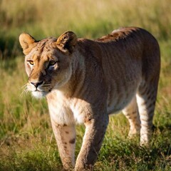Obraz premium A macro photo of a lioness stalking through tall grass, deep focus on the tension in its muscles and its focused eyes, high-angle shot capturing its full body in mid-step, demonstrating the grace and 