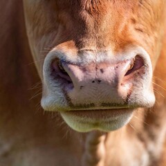 a closeup of a brown cow face with a blurred backgroun