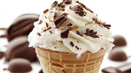 Delicious Ice Cream Cone with Whipped Cream and Chocolate Shavings in a Bright White Background, Perfect for Summer Desserts and Sweet Treats Photography