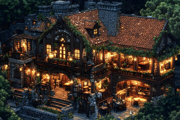 Obraz premium Illustration - Cozy Tavern in a Whispering Woods at Night