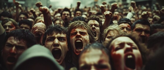 Fototapeta premium A mass of people raises their voices in unison, creating a powerful, emotional scene of protest and collective determination.