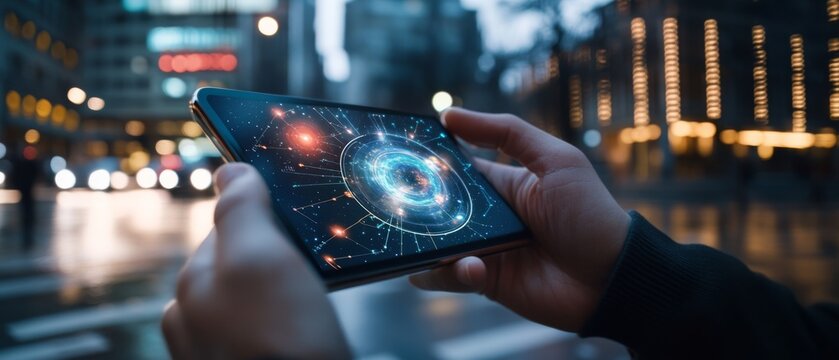 Against a city backdrop, hands hold a smartphone displaying a vibrant galaxy, merging technology with the wonder of the universe. - Powered by Adobe